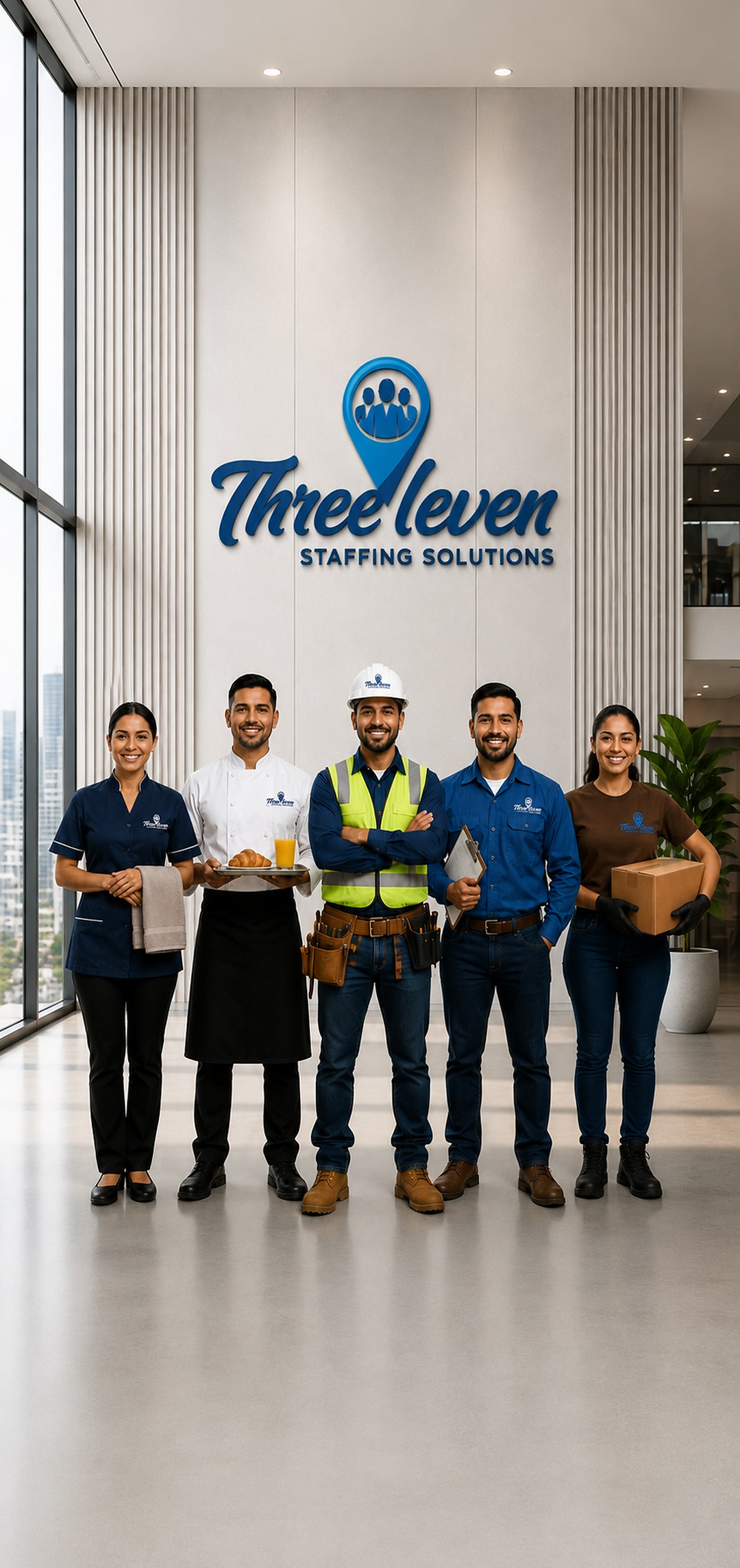 The Threeleven Staffing team — hospitality, food service, construction, industrial and logistics professionals in branded shirts, Orlando